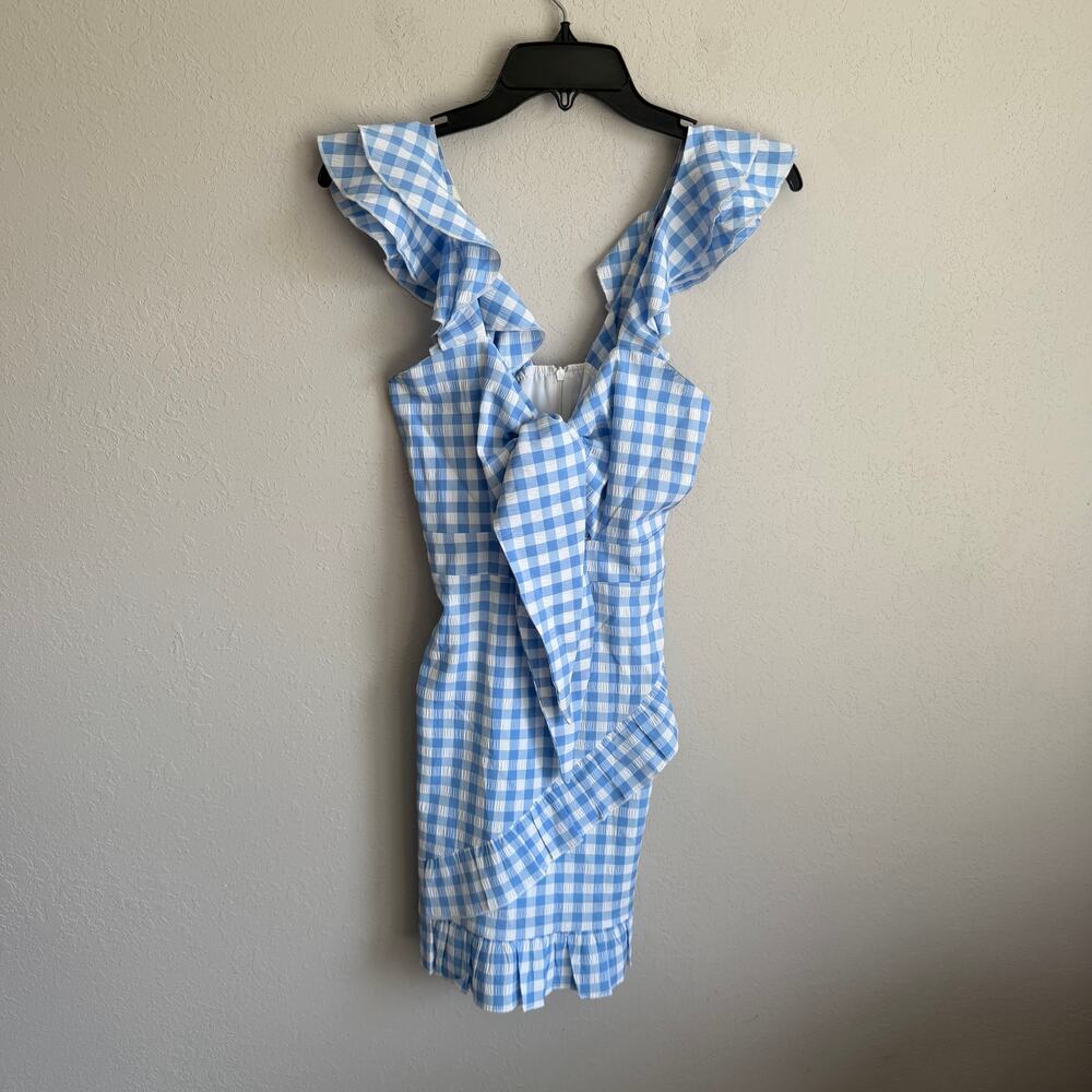 SNDYS Adora V-Neck Ruffle Sleeveless Blue White Gingham Mini Dress Womens XS